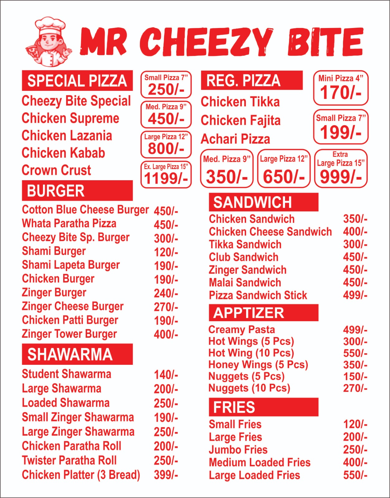 Mr Cheezy Bite printed menu with pizza, burger, shawarma, sandwich and fries prices