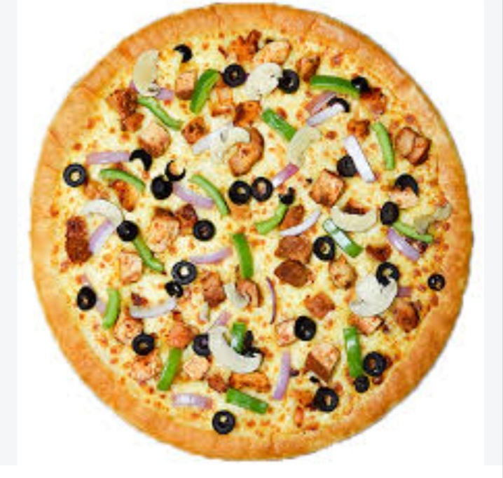 Chicken pizza with olives, peppers and onion